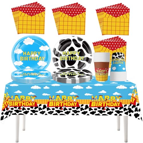 Fuwraixis Vaisselle de fête Cartoon Story, 61 pièces Vaisselle pour anniversaire d'enfants, Nuages Ensemble d'assiettes en papier, Thème des jouets Décorations de fête, pour 20 invités