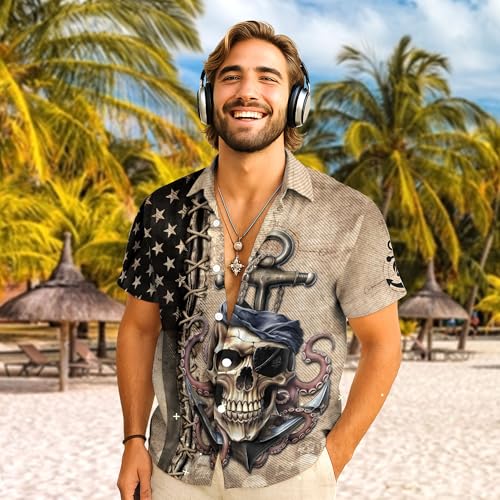 Pirate Hawaiian Shirt for Men, Skull Hawaiian Shirts for Men, Mens Pirate Shirt, Octopus Shirts Mens3