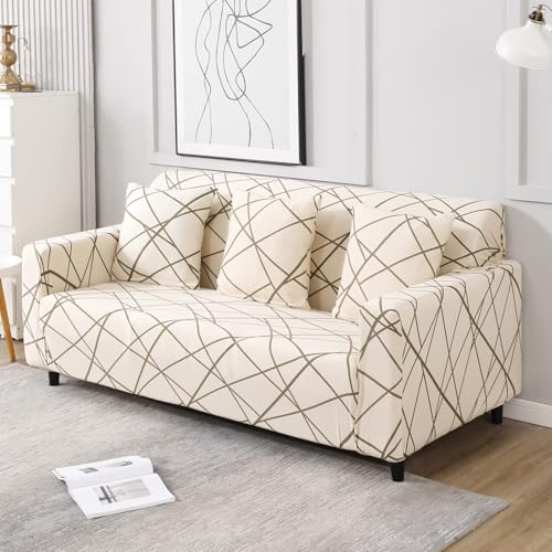 Image of HOKIPO Stretchable Elastic Cover for Sofa 3 Seater, Beige Abstract Line (NEW-AR-4095-D23)
