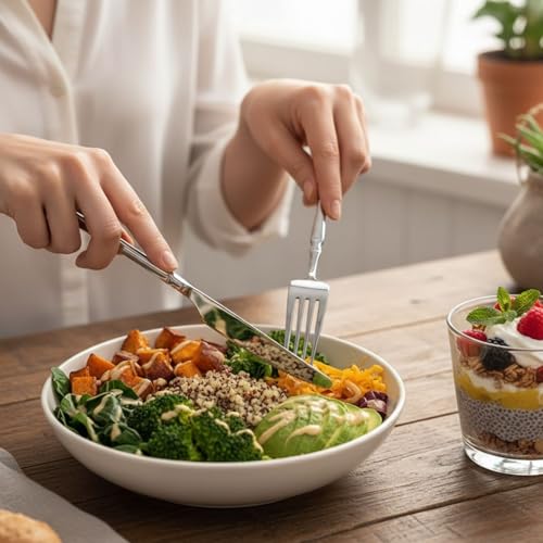 Image of Elegant Handle Silver 8 Pcs Heavy Duty Stainless Steel Cutlery Set for Dining Table (2 pcs Spoon Set+2 pcs Forks Set+2 pcs Butter Knife+2 pcs Dessert Spoon for Kitchen)