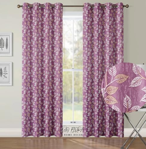 Image of Leaves Curtain Panel for Door 7 ft Set of 2 Window Curtains for Living Room | Premium Floral Curtain Panel | Pink Color Curtain 7 feet