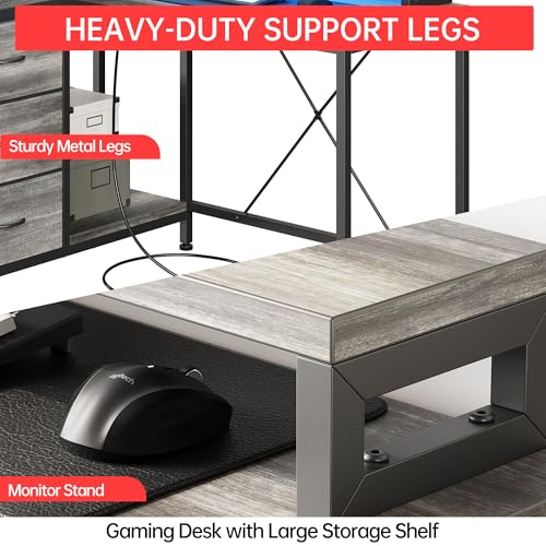 Image of Hetoy L-Shaped Computer Desk with Charging Station - Corner Gaming Desk with LED Lights, Drawers & Storage Shelves for Home Office Use, Oak