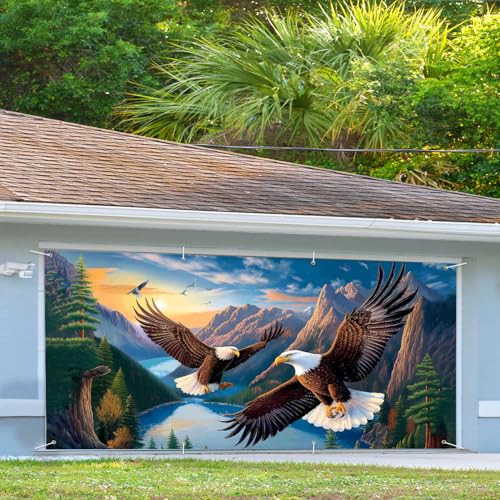 Image of 13x6 ft Soaring Eagles Garage Door Banner- Flying Bald Eagles Mountain Landscape Backdrop, Hanging Garage Decorations - for 4th of July Patriotic Holiday Party Background, Outdoor Wall Sign Decor