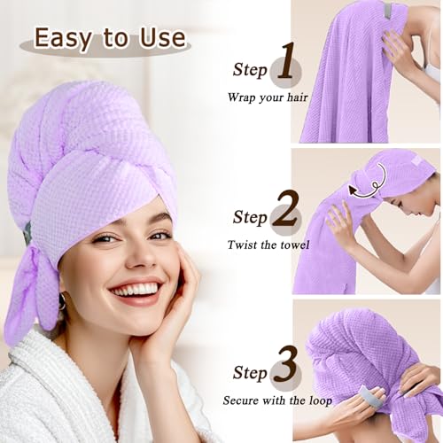 Image of Large Hair Towel Wrap for Women, Quick-Dry Turban, Ultra Absorbent & Anti-Frizz, Ideal for Long, Thick & Curly Hair, Soft Lightweight Microfiber Drying Towel (24x42, Purple)