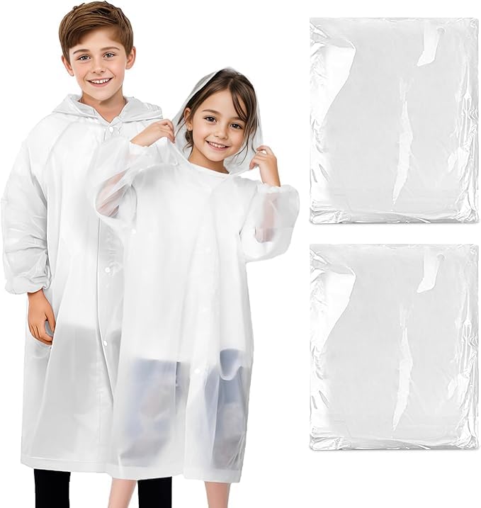 Image of BFONS 2-3 Pack Rain Ponchos for Kids, Reusable Raincoats for Boys Girls with Hood and Sleeves, Waterproof Rain Jackets