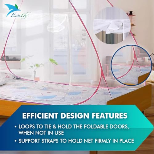 Image of Evafly Mosquito Net for Single Bed with Heart Design | Premium Polyester Mesh | Foldable Pop Up Bed Net | Fine Mesh Protection from Mosquitoes & Insects | Easy Setup, Washable | Red