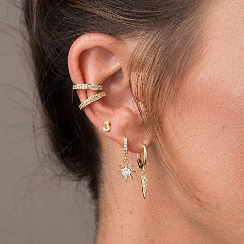 S925 Sterling Silver Post Huggie Hoop Earrings, 14K Gold Plated Small Dangle Hoop Earrings Hypoallergenic Dainty Cubic Zirconia Ball Spike Evil Eye Snake Bee Moon Star Huggie Hoop Earrings4