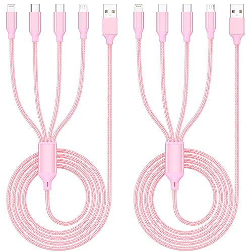 Multi Charging Cable 4ft 2Pack, 4 in 1 Charging Cable Nylon Braided Lightning iPhone Charger,Universal Charger Phone Cord with Type-C,Micro USB,IP Port for iPhone17-5/Android -Rose
