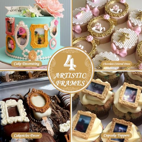 Image of HKNMTT Picture Frame Molds Silicone Baroque Vintage for Fondant Candy Clay Covered Oreo Cake Photo Decorating Cupcake Toppers, 4 Shaped Round Square Frame Moulds Craft DIY Supplies Set