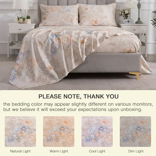 Image of Deep Pocket Percale Sheets Queen Size Beige Vintage Floral, 4Pcs | 100% Cotton Soft Crisp Farmhouse Sheet Set, Shabby Chic Flower Patterned Bed Sheets, Aesthetic Toile Bedding, Botanical Print