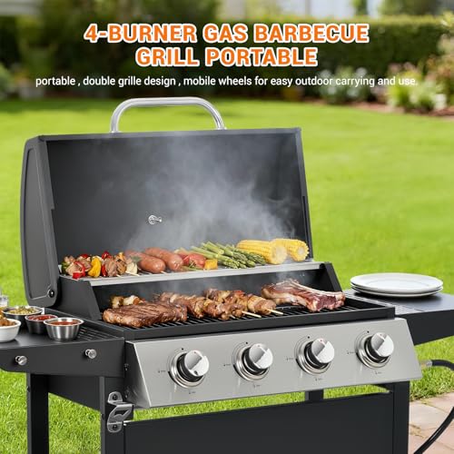 Image of EUHOME 4-Burner Stainless Steel Gas Grill | 34,000 BTU Total Output & 421 sq.in Cooking Area | Powerful Even-Heat System for Large Family BBQs & Backyard Parties