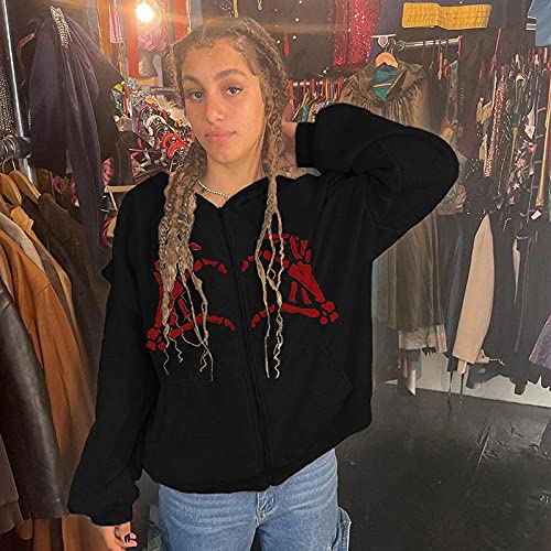 Nufiwi Vintage Zip Up Hoodies For Women Rhinestone Graphic Oversized Sweatshirts Aesthetic Pullover Jackets Gothic Streetwear(Gesture Black Heart,L) #TOP2