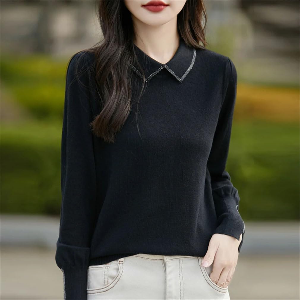 Suéter de lana merino para mujer, cuello de solapa, suéter de punto de manga larga