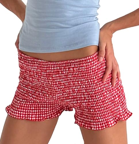 Image of NUFIWI Women's Y2k Ruched Mini Shorts Low Waist Ruffle Frill Bloomers Lounge Pajamas Smocked Micro Shorts Sleepwear