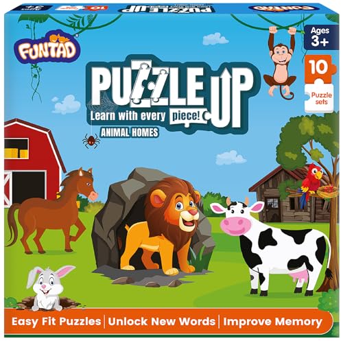 Image of Kids Puzzleup Learn Animal Homes,10-In-1 Entry Level Puzzle,45 Big Size Jigsaw Pieces,Montessori Educational Toy To Improve Memory & Unlock New Words,Gift For Boys & Girls Age 3,4 & 5 Yrs