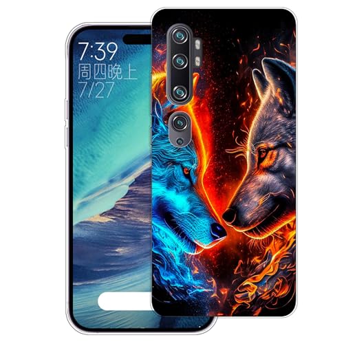 WUACYEAMING Cover per Xiaomi Mi Note 10,Cover Case in Silicone Trasparente Ultra Sottile e Leggera, Anti Ingiallimento Custodia con Antiurto, Anti-Graffio e Retro TPU-(Due lupi)