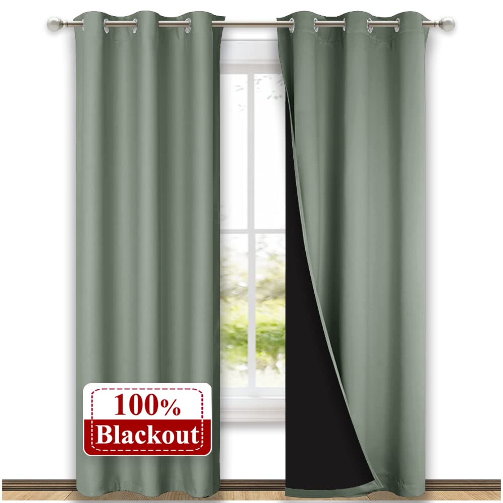 NICETOWN Greyish Green Blackout Curtains 84 inches Long, Full Light Blocking Drapes with Black Liner for Nursery, Thermal Insulated Draperies for Hall, Villa (2 Pieces, 42" Wide Each Panel)
