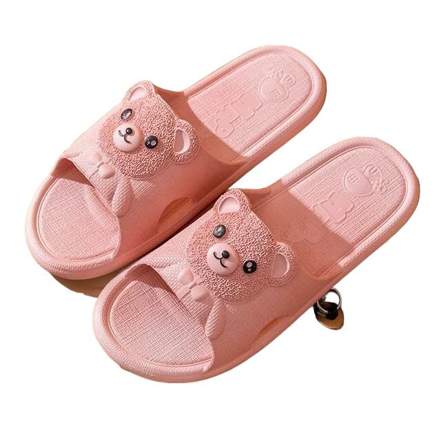 Slippers For Women Happy Bear Design Flip Flops Chappals Slides Sandals Stylish Sleeper Girls Ladies | Pink | Size 7