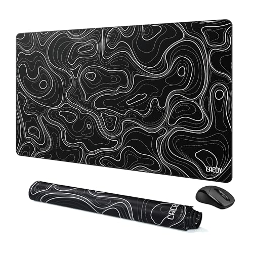 Tapis de bureau topographique noir grand format pour setup gaming épuré