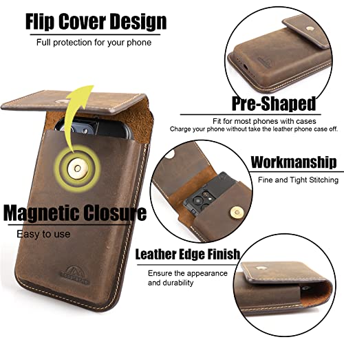 Image of Topstache Leather Cell Phone Holster for Galaxy S25 /S24 /S23 /S22 - Belt Clip Cell Phone Case for iPhone 17 /16 /15 /14 /13 - Magnetic Closure Leather Belt Holster Pouch for Men, L,Darkbrown