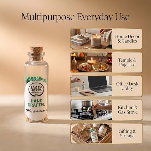 Image of Sage & Herbs 40 Small Matchsticks | Organic Matchsticks | Multipurpose Use | for Home, Temple & Office Use | Long Burn Time | Borosilicated Cork Jar Packing (Green, Small) (Pack of 2)