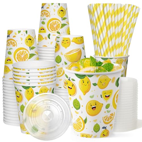 50 Sets 150 Pcs 9 Oz Lemonade Cups With Lids And Drinking Straw, Lemonade Stand Supplies, Lemon Patterned Summer Cold Drink Cup, Disposable Fruit Juice Coffee Paper Cup, Party And Outdoor Supplies