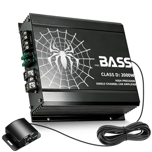 TANVSO 2000W Monoblock Car Amplifier, Class D 1 Channel Subwoofer Amp, 1/2/4 Ohm Stable Car Audio Amplifier with Remote Bass Knob, Low Pass Filter, Bass Boost & Protection Circuit for Subwoofers