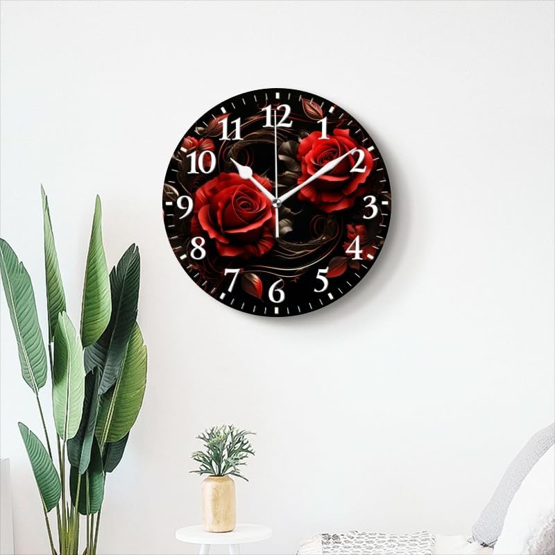 Round Analog Wall Clocks Battery Operated Clcoks Non-Ticking Silent Clock Decorative for Kitchen,Office,Bedroom-Render of Red Roses with Swirls and Leaves On Black Background(12inch)