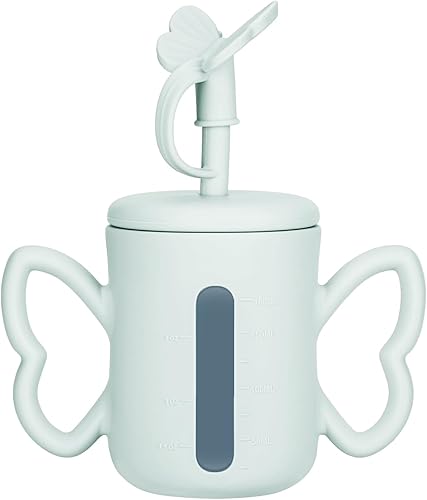 Dommy Taza de entrenamiento de silicona con tapa de popote para bebés de 6 meses y 12 a 18 meses, taza para beber agua para bebés de 6 meses, color