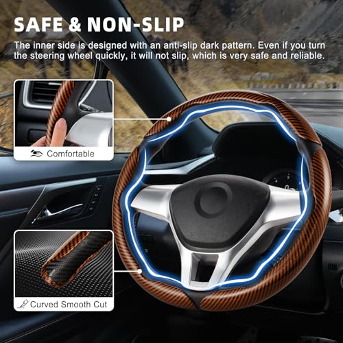 Image of Amiss 3pcs Carbon Fiber Anti-Skid Steering Wheel Cover, Waterproof Design, Universal Fit for 14-16 Inch Car Wheel Cover, Interior Car Accessories for Jeeps, SUVs, Trucks (Glossy Brown)