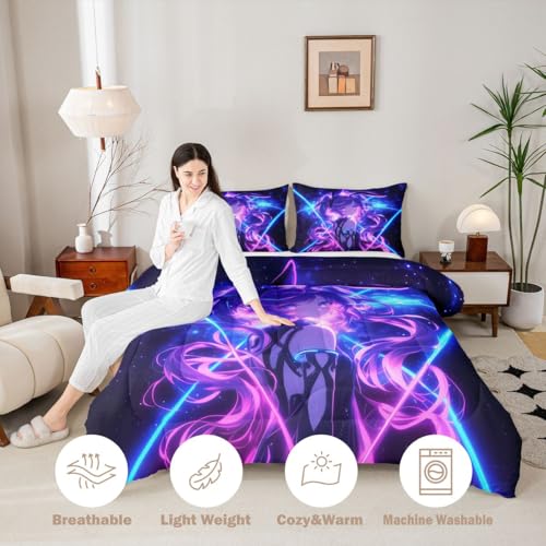 Image of Erosebridal 3D Anime Kids Bedding | Japanese Girl Full Comforter Sets,Girly Galaxy Stars Comforter Purple Neon Duvet Insert with 2 Pillow Cases