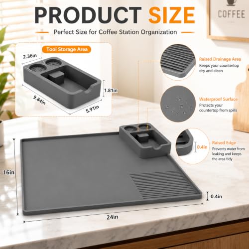 Image of Silicone Coffee Mat and Espresso Tamping Mat, Detachable Espresso Mat Accessories, Coffee Bar Mat Suitable for Use Under coffee Maker, Dish Drying Mat for Kitchen Countertop Protector, Gray