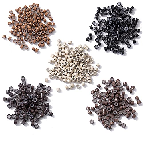 1000pcs Hair Extension Beads Silicone Micro Link rings 5*3*3mm Lined Beads for Human Hair Extensions,I Tip Extensions tool (Mix 5 colors)
