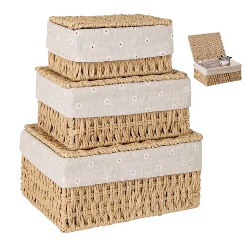 WDKXCN Cestas Organizadoras Mimbre, 3 Piezas Cesta Almacenaje, Cesta Mimbre con Tapa y Forro de Decoración Boho, Cestos Almacenaje Storage Basket Multiusos para Baño, Maquillaje, Juguetes