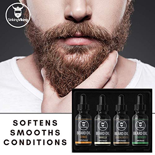 Striking Viking Beard Oil 4 Pack - Softening And Conditioning Beard Oil For Men - Citrus, Vanilla, Sandalwood, & Cedarwood Variety Scents - Enriched With Argan, & Jojoba Oils #TOP2