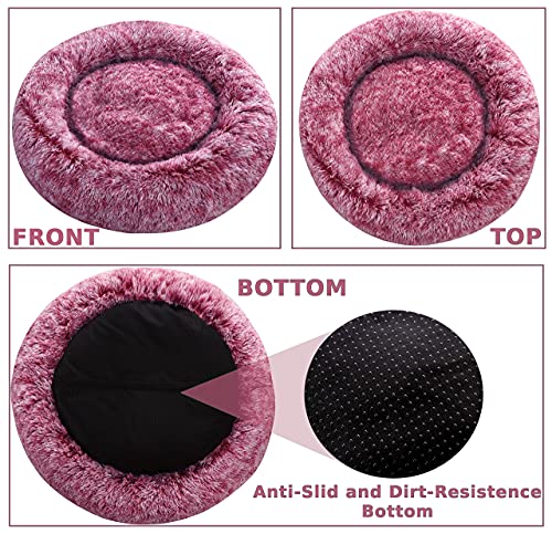 Comlax Beruhigende Donut Hundebetten Großer, Rundes Kissen mit abnehmbarem waschbarem Bezug, Anti-Angst-Kunstfell-Kuscheltier, Flauschiges, bequemes, pelziges Haustierbett (70cm, Rosa)