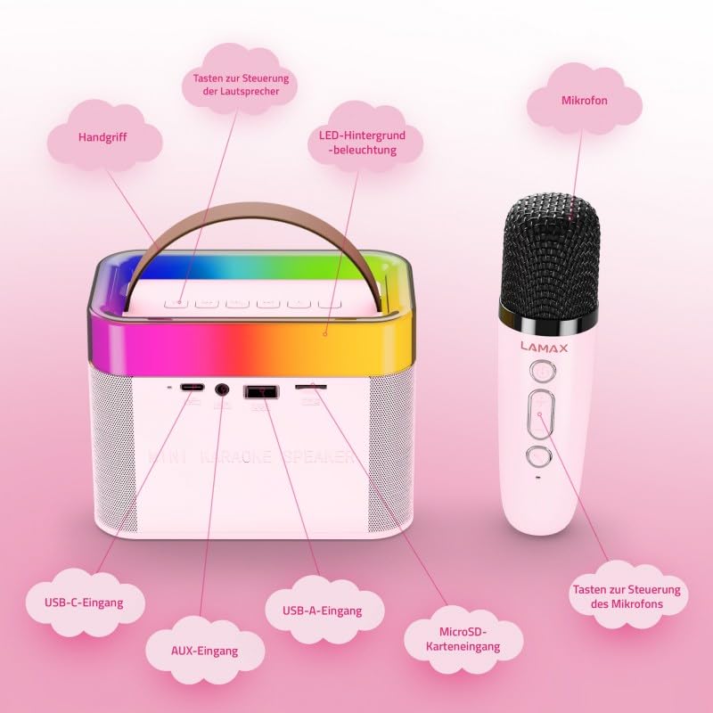 LAMAX KaraokeKid1 różowy, przenośny głośnik dziecięcy z trybem karaoke i mikrofonem do karaoke ze zmieniaczem głosu. Do słuchania i rozrywki, design dla dzieci, Bluetooth 5.3 (różowy)