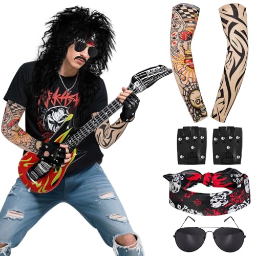 Gvhntk Halloween 80s Rocker Costume Set for Men Hippie Wig Tattoo Sleeve Gloves Headband Inflatable...