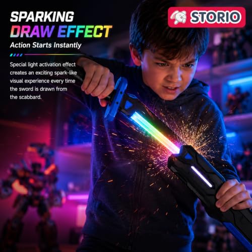 Image of Storio LED Light Up Toy Sword with Scabbard, RGB Color Changing Glowing Blade, Smoke Effect on Draw, USB Type-C Rechargeable Light Sword, Role Play Toy for Kids Boys Girls