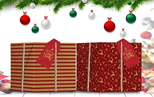 Christmas wrapping paper sheets 12/24 pcs- 70x50cm 4 kraft designs with tags and long Jute thread - Xmas roll/sheets - recyclable luxury paper for gift packing, by Giftinghouse (12)