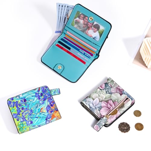 Image of Toughergun Irises Flower Floral RFID Small Wallet Women, Slim Thin Vegan Leather Bifold Wallet with Zipper Coin Pocket & ID Window, Cute Mini Travel Credit Card Holder Gift for Women Ladies Teen Girls
