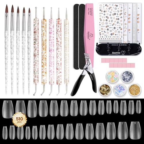 Image of Beetles Nail Art Kit,510pcs 15 Sizes Gel Nail Tips Nail Art Brushes Set with Nail Stand Nail Holder Rhinestones Sticker Nail File Cuticles Trimmer Press On Nails Kit for Gel Polish Women Beginner