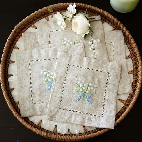 Lauusiusi Embroidered Natural Linen Cocktail Napkins 6 Pieces Lily of The Valley Handcrafted Ladder Hemstitch Square Small Cloth Napkins Set of 6 for Party Beverage Wedding Bar Coffee Dessert (6
