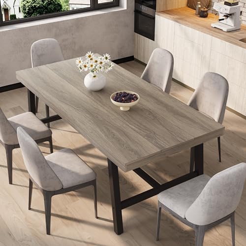 Image of GarveeHome Industrial Dining Table for 6-8 People, 70.87 inch Long Kitchen Table with Sturdy Metal Frame, Rectangular Counter for Dinner, Kitchen, Dining Room (Grey Walnut, 71 inch Non-extendable)