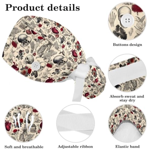 Image of Butterfly Scrub Cap Women with Ponytail & Buttons Adjustable Surgical Nurse Hat with Cotton Sweatband for Long Hair