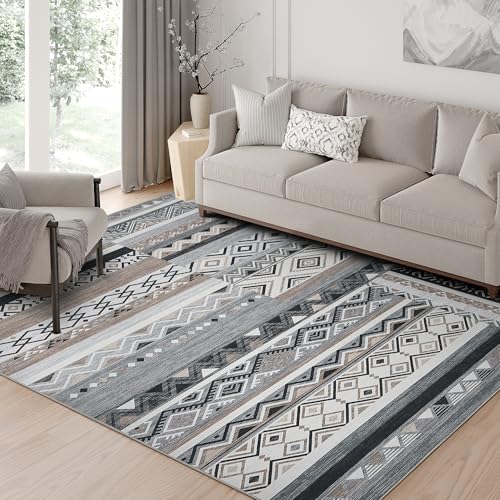 GarveeHome Vintage Geometric Patchwork Grey Rug for Living Room 6x9 Machine Washable Area Rug, Non-Slip Low-Pile Indoor Tribal Accent Carpet, Indoor Foldable Floor Cover for Bedroom Office