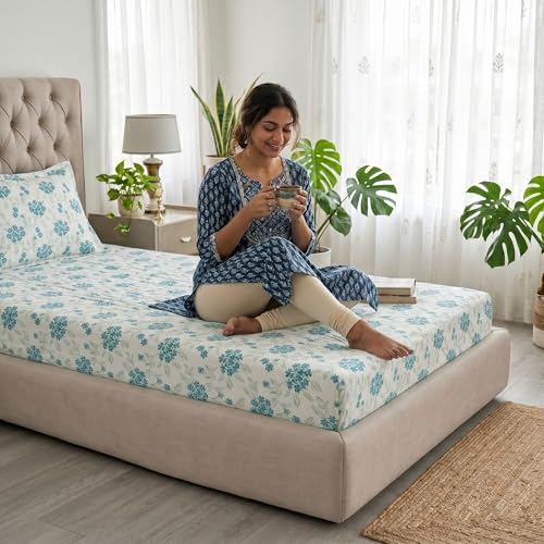 Image of Mafatlal 186 TC Grace Cotton Bedsheet for Single Bed | 154 x 228 cm | Soft, Durable & Breathable Fabric | Includes Pillow Cover | Blue Grass