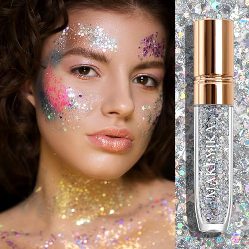 Image of Lip Glitter Lipstick Mermaid Sequins for Lips Eye Hair, Singer Concerts Party Festival Sparkling Chunky Glitter for Women, Silver Lips