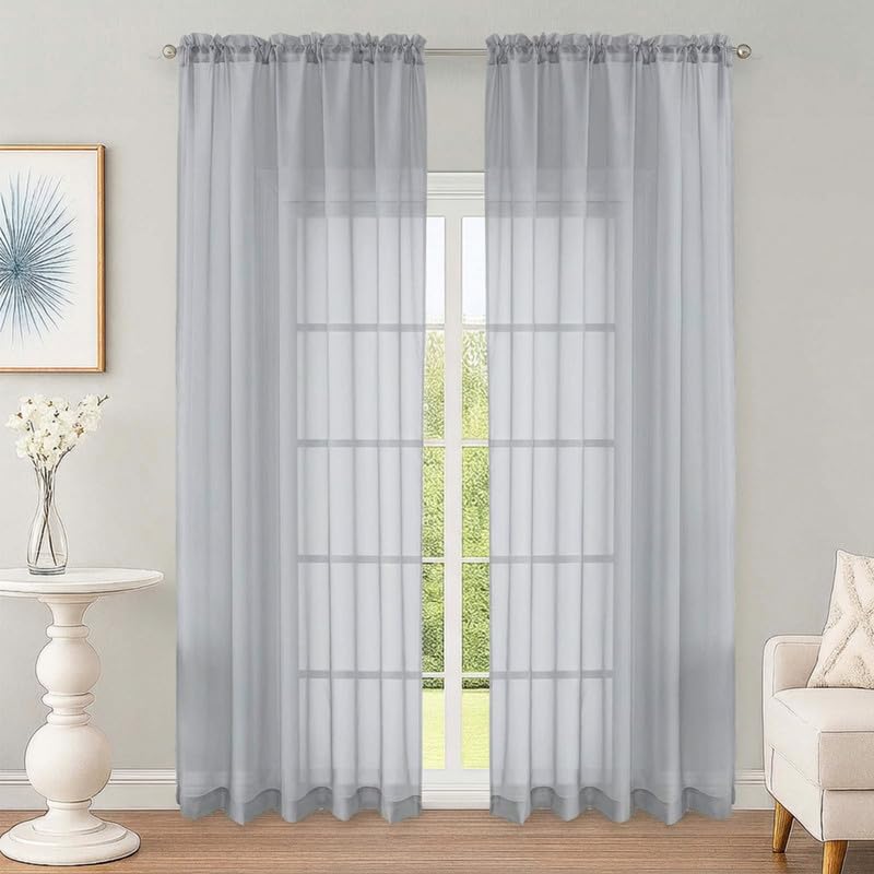 OWENIE Light Grey Sheer Curtains 90 Inch Long 2 Panels for Living Room