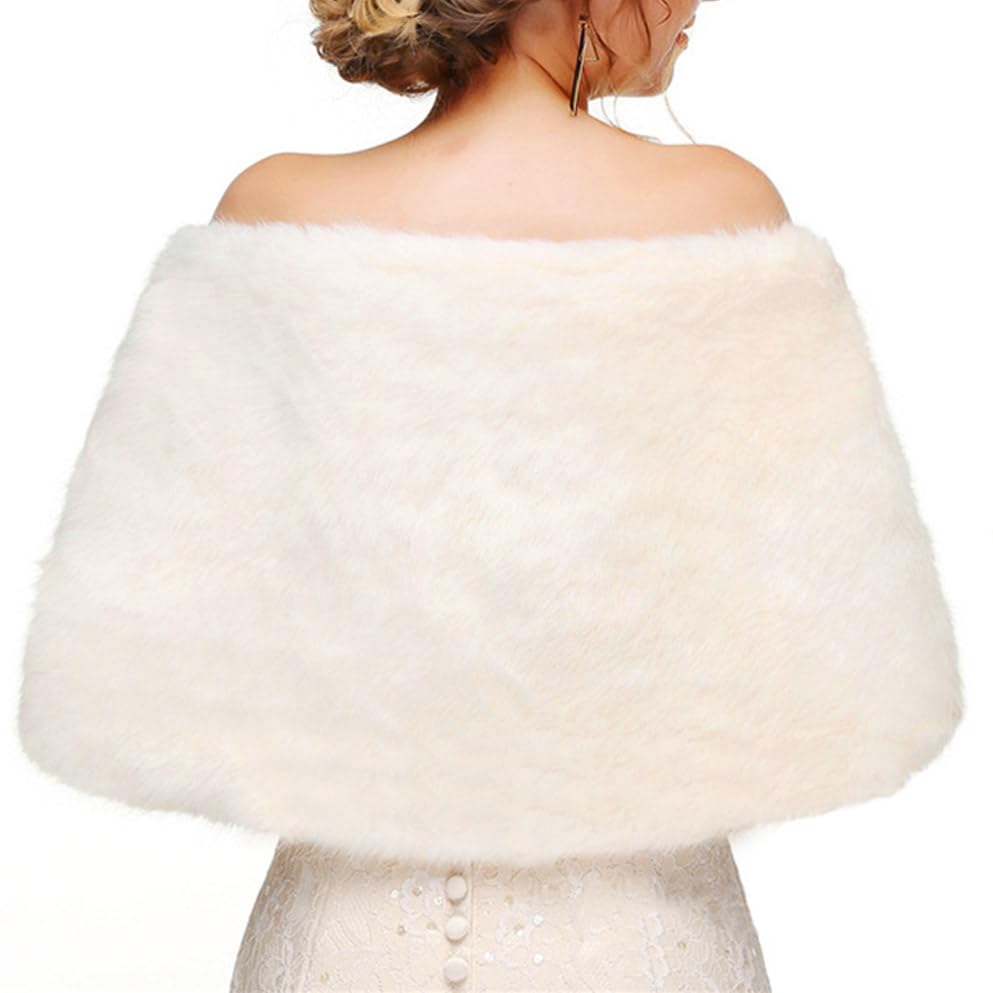 Yalice Women's Wedding Faux Fur Shawl and Wrap Bridal Fur Stole Cape Fur Scarf with Ribbon for Bride and Bridesmaids2